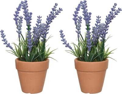 Eerlands lavendel kunstplant in pot - set 2x - lila paars - D6 x H18 cm