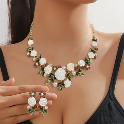 Romantische Roos Bloemen Ketting Armband Oorbellen Sieraden Set Dames Mode Roze Paars Choker Ketting Voor Feest Bruiloft brown