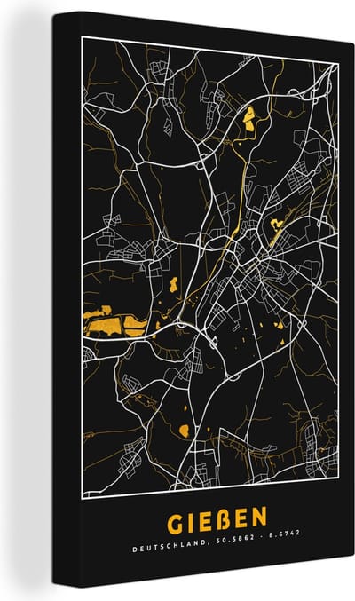 Canvas Schilderij Duitsland – Black and Gold – Gießen – Stadskaart – Kaart – Plattegrond - 20x30 cm - Wanddecoratie