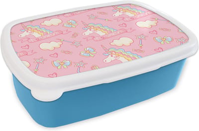 Broodtrommel Blauw - Lunchbox - Brooddoos - Unicorn - Roze - Patronen - Kind - 18x12x6 cm - Kinderen - Jongen