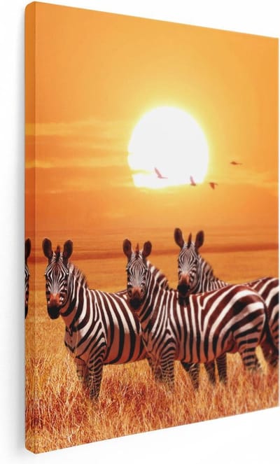 Artaza Canvas Schilderij Afrikaanse Dieren - 30x40 cm - Klein - Wanddecoratie Zebra - Muurdecoratie Savanne - Kamer Accessoires Zonsondergang