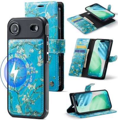 Casemania Hoesje Geschikt voor Apple iPhone 17 Air - Amandelbloesem van Print - Van Gogh - Geschikt voor MagSafe - Kunstleer 2 in 1 Afneembare Bookcase - Magnetische Telefoonhoesje met Kunst Print en Pasjeshouder