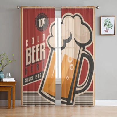 Retro Bierposter Tule Transparante Raamgordijnen Voor Woonkamer De Slaapkamer Moderne Chiffon Voile Organza Gordijnen Decoratie Drapes 135W x 114H(cm) brown