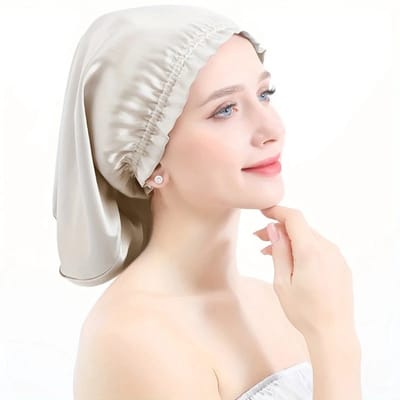 Nivard Zijden Slaapmuts - Satijnen Nachtmuts - Silk Bonnet - Sleep Cap - Haarverzorging - Satin - Verstelbaar - Voor Zacht & Stralend Haar - Beige