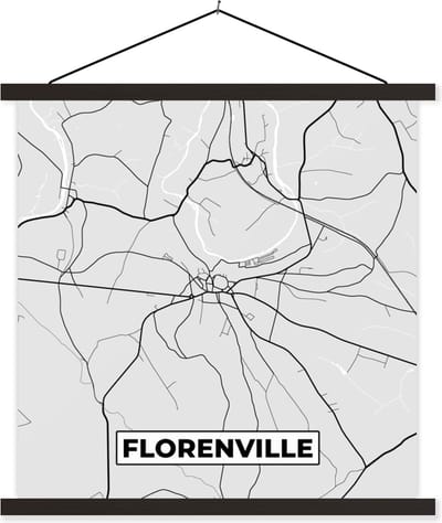 Posterhanger incl. Poster 60x60 cm - Schoolplaat - Plattegrond – Florenville – Zwart Wit – Stadskaart - Kaart - Textielposter - Zwarte latten - Stadskaart