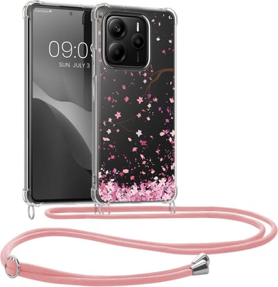 kwmobile telefoonhoesje geschikt voor Xiaomi Redmi Note 14 5G - Hoesje met telefoonkoord - Back cover voor smartphone - Case in poederroze / donkerbruin / transparant