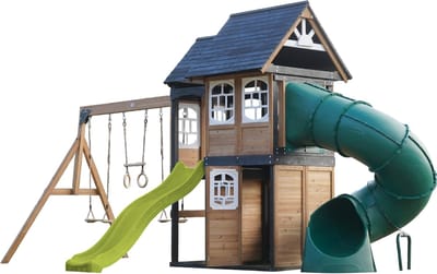 AXI Noud Speeltoestel met Speelhuis, Schommels, Trapeze, Klimwand – Met Bank – Limoen Groene Glijbaan – Met Buisglijbaan - FSC 100% hout – Speeltoestel voor de tuin / buiten