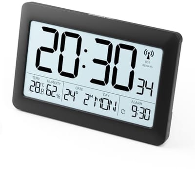 Digitale wandklok met 19,9 cm LCD-display, tafelklok met radiogolven en DST-functie, bureauklok met kalender, temperatuur en achtergrondverlichting