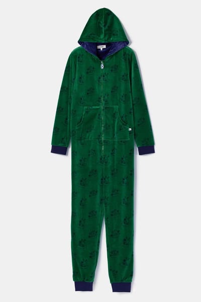 Woody onesie unisex velours - groen - duiven all-overprint - 252-10-ONE-V/917 - maat S