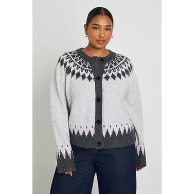 boohoo Dames Plus Fairisle Gebreide Cardigan met Hoge Hals | Grey | Maat: 24