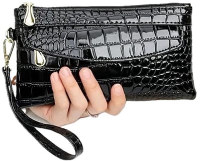 Luxe Dames Clutch Portemonee & Telfoonhouder in 1 I Met Pasjeshouder En Briefgeld Vakje I Met Polsband I Voor Brief & Muntgeld I Krokodillen Patroon I PU Leer I Zwart