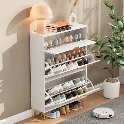 Schoenenkast Wit 80x24x118,5 cm – Smalle Schoenenkast met 3 Klapdeuren, Verstelbare Planken, Kiepbeveiliging en Ruimtebesparend Design