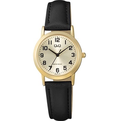 Q&Q C40A-011PY - Horloge - Polshorloge - Analoog - Dames - Vrouwen - Leren band - Rond - Metaal - Cijfers - Zwart - Goudkleurig