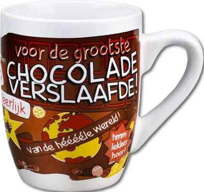 Mok - Snoep - Voor de grootste Chocolade Verslaafde - Cartoon - In cadeauverpakking met gekleurd krullint