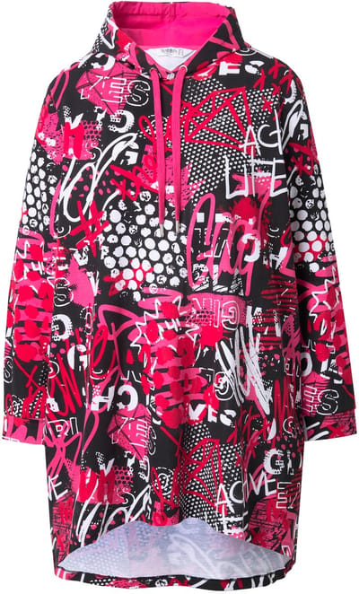 Angel of Style - Dames - Lange hoodie A-lijn sweater patchprint capuchon - Hibiscusrood - Maat 46+