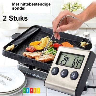 *** 2 Stuks Digitale Keukenthermometer - Vleesthermometer- Braad Thermometer/timer - Met timer functie -20 °C tot 250 °C- Incl. timer, warmte alarm - van Heble® ***