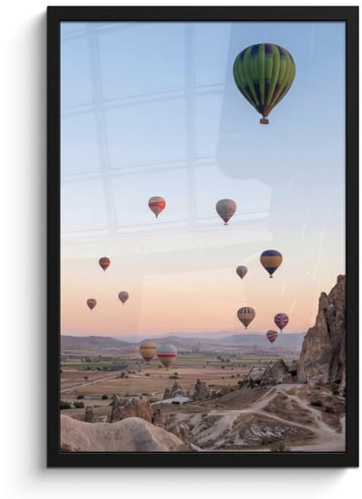 Poster in lijst - Fotolijst 40x60 cm - Posters - Luchtballonnen - Rotsen - Zonsopgang - Posterlijst zwart - Decoratie - Wanddecoratie woonkamer - Muurdecoratie slaapkamer
