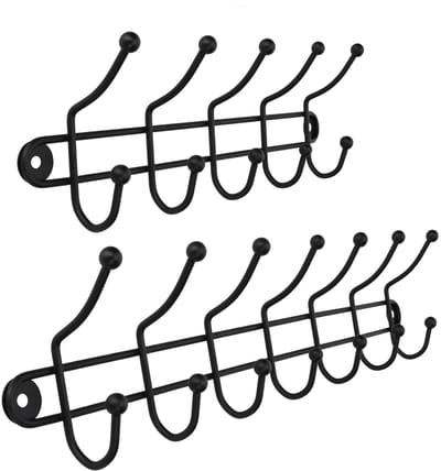 KADAX Wandgarderobe, garderobehaken, haaklijst, dubbele haken, kledinghaken, garderobestand, wandhaken van staal, badjashaken, handdoekhaken, mat, zwart (set van 2: 7 en 5 haken)
