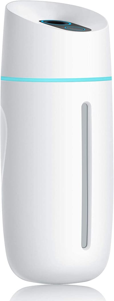 Draagbare mini-luchtbevochtiger, kleine koele mist-luchtbevochtiger met nachtlampje, USB persoonlijke desktop-luchtbevochtiger voor babykamer, reiskantoor, thuis, automatische uitschakeling, 2 mistmodi, superstil, met adapter