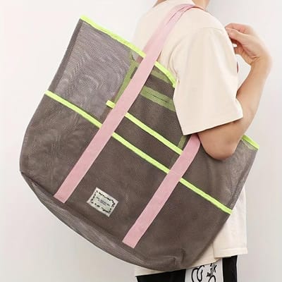 1 stuks Grote Capaciteit Strand Tote Bag, Sportschool Zwemkleding Opbergtasje, Opvouwbare Schouder Mesh Organizer Strandtas