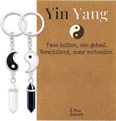 BFF Sleutelhanger voor 2 'Yin & Yang' - Yin Yang met Edelsteen - Sleutelhanger set op Cadeau Kaartje - Zilverkleurig - Vriendschap Symbool - Pax Amare