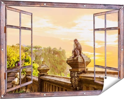 Gards Tuinposter Doorkijk Aap op de Uluwatu Tempel in Bali - 120x80 cm - Tuindoek - Tuindecoratie - Wanddecoratie buiten - Tuinschilderij