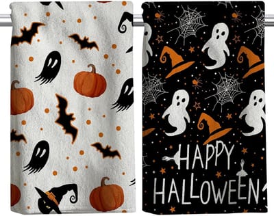 Allecta - Halloween keukenhanddoeken set met enge geest en pompoenmotief - droogdoeken voor keuken - 2 stuks - decoratief voor woonkamer en eetkamer - 45 x 60 cm