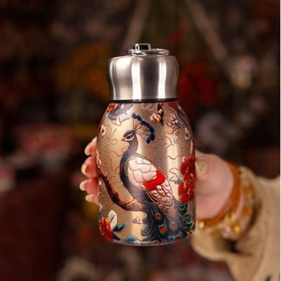 Pauw Patroon Vacuüm Beker Roestvrij Staal Vintage Bloem Thermosfles 300ml Dubbelwandige Isolatie Theepot met Lekvrij Deksel
