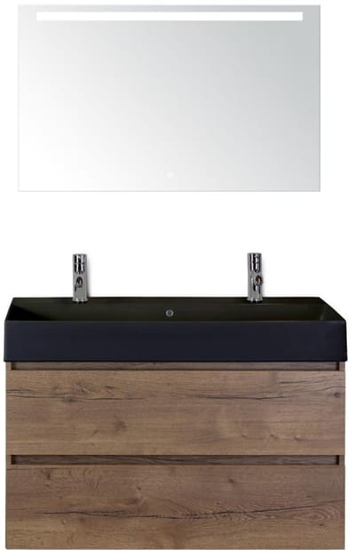 Maxx XL Badmeubelset 100 cm - Tabacco - Wastafel Kube Zwart 2 Kraangaten met LED Spiegel
