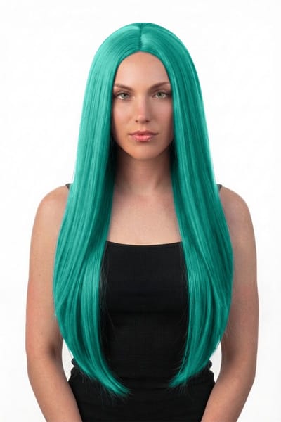 KIMU® Luxe Lange Turquoise Pruik - Middenscheiding - Haarwerk Krullen Pony - Groen Blauw Mint Zeemeermin Unicorn Eenhoorn Fantasy Festival