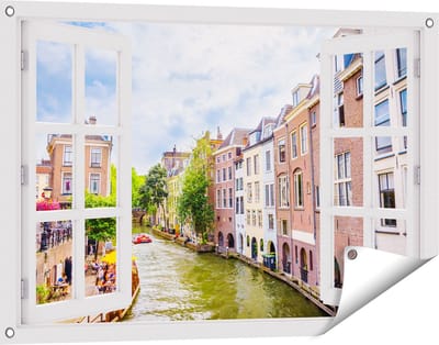 Gards Tuinposter Doorkijk Huizen aan de Oudegracht in Utrecht - 90x60 cm - Tuindoek - Tuindecoratie - Wanddecoratie buiten - Tuinschilderij