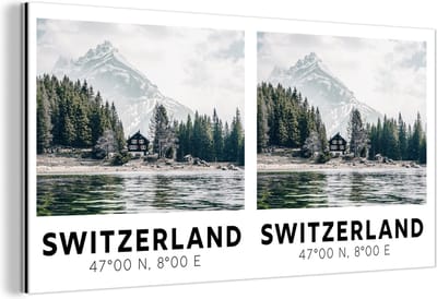 Wanddecoratie Metaal - Aluminium Schilderij Industrieel - Zwitserland - Meer - Bergen - 160x80 cm - Dibond - Foto op aluminium - Industriële muurdecoratie - Voor de woonkamer/slaapkamer