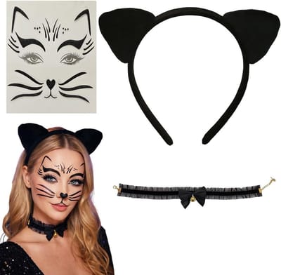 Kattenkostuum voor dames en meisjes met haarband, halsketting en gezichtstattoo voor carnaval en feestjes
