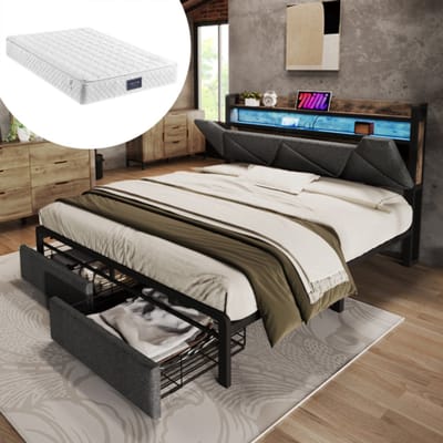 Gestoffeerd bed Bubble bed, USB-oplaadfunctie en hoofdeinde opbergruimte, tweepersoonsbed met opbergruimte, gestoffeerd bed met led-lichtstrip, met matras, grijs, 140 x 200 cm