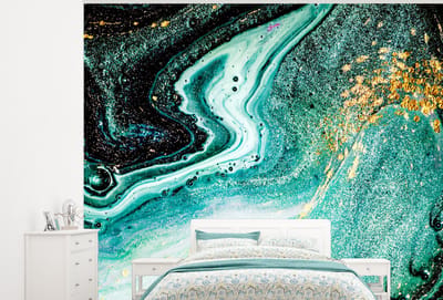 Behang - Fotobehang Marmerlook - Blauw - Goud - Glitter - Luxe - Marmer - Breedte 300 cm x hoogte 240 cm