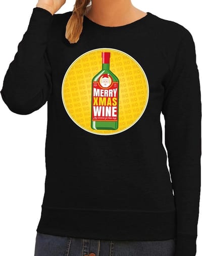 Foute kersttrui / sweater Merry Chrismas Wine zwart voor dames - Kersttrui voor wijn liefhebber XS