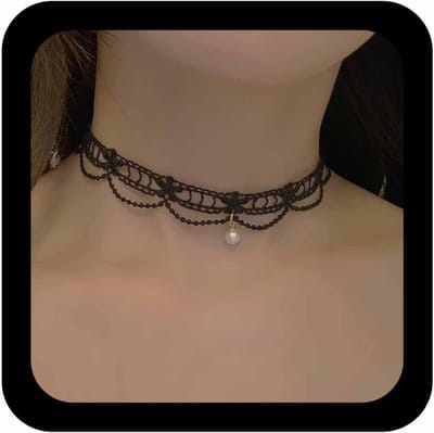 Elegante Vintage Kraagketting met Zwarte Kanten en Parelpendant voor Bruiloften en Gothic Stijl, 90s Tattoo-inspiratie