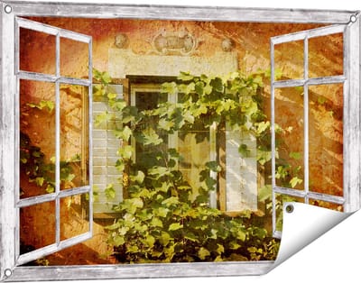 Gards Tuinposter Doorkijk Raam met Luiken - 90x60 cm - Tuindoek - Tuindecoratie - Wanddecoratie buiten - Tuinschilderij