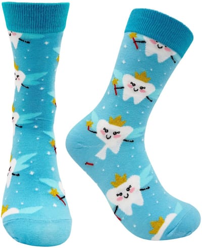 Tutti Footi - Sokken met Tanden, Toverstaf en Goud kroontje - Tandenfee Sokken - Maat 36-41 - Tandarts/Tandheelkunde/Damessokken Blauw
