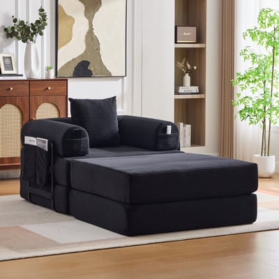 DESMIU Fauteuil - Met Hocker 112 x 190 x 67 cm - Ergonomisch Met Zijvak En Kussen - Voor Woonkamer Of Slaapkamer - Cord Zwart