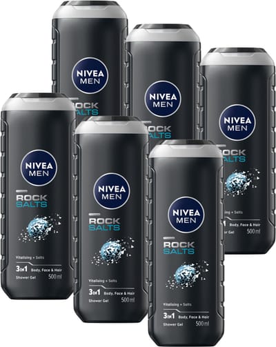 NIVEA MEN Rock Salts Douchegel Mannen - 3-in-1 Shower Gel - Shampoo - Voordeelverpakking - 6x 500 ml