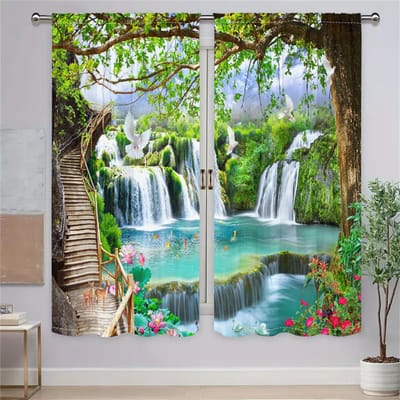 2 Stuks Groene Wonderland Gordijnen 3D Digitale Print Woonkamer Slaapkamer Raamdecoratie Gordijnen Waterval Natuurlijk Landschap Gordijnen 29.5W65H(inch)x2Pcs&Rod Pocket white