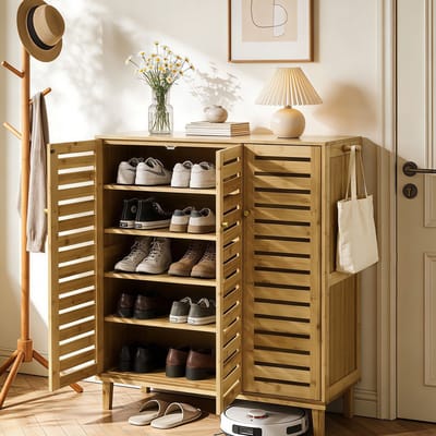 unho Bamboe Schoenenkast met 5 Niveaus - Schoenenrek met Ventilerende Lameldeuren - 90.5 x 35 x 103 cm - Naturel Hout