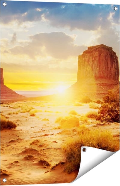 Gards Tuinposter Zonsondergang in Woestijn Monument Valley - 60x80 cm - Tuindoek - Tuindecoratie - Wanddecoratie buiten - Tuinschilderij