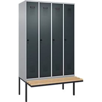 C+P Evolo Plus garderobekast, 4 vakken, elk 300 mm breed, zwevende bank, B 1200 x D 815 x H 2120 mm, draaischroef, blank aluminium/antraciet