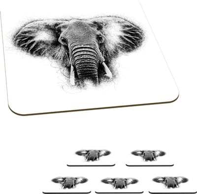 Onderzetters voor glazen - Olifant - Dieren - Zwart - Wit - 10x10 cm - Glasonderzetters - 6 stuks