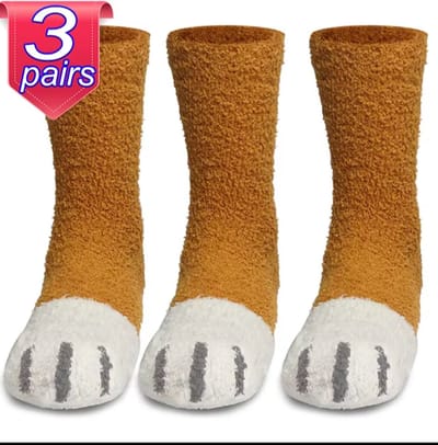 Fluffy Sokken dames - 3 paar - huissokken - slofsokken - bruin - oranje - print kattenpoten - dikke sokken - 36-40 - cadeau voor haar - extra zacht