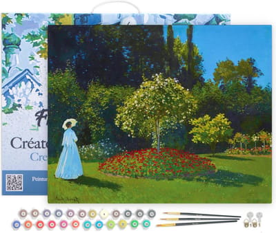 Figured'Art Schilderen op Nummer Volwassenen met lijst - Dame in het wit in de tuin - Monet - Handwerk acrylverf Kit DIY Compleet - 40x50cm Canvas al ingelijst