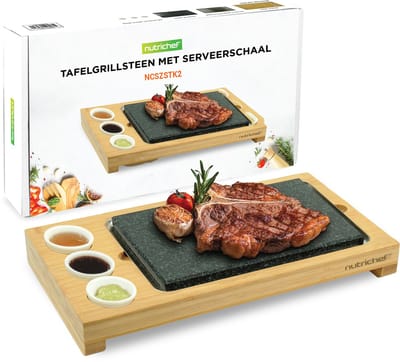 NutriChef grillsteen - Heetsteen Steak Set - Bamboe Plank, RVS Bak & Keramische Sauskommen - Binnen & Buiten Koken en Feestjes