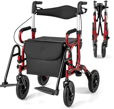 COSTWAY Rollator met luchtbanden, opvouwbaar en licht, met zitting, 2-in-1 rolstoel en reisrollator, aluminium, tot 140 kg, loophulp 6-voudig in hoogte verstelbaar, loopwagen met tas en stokhouder